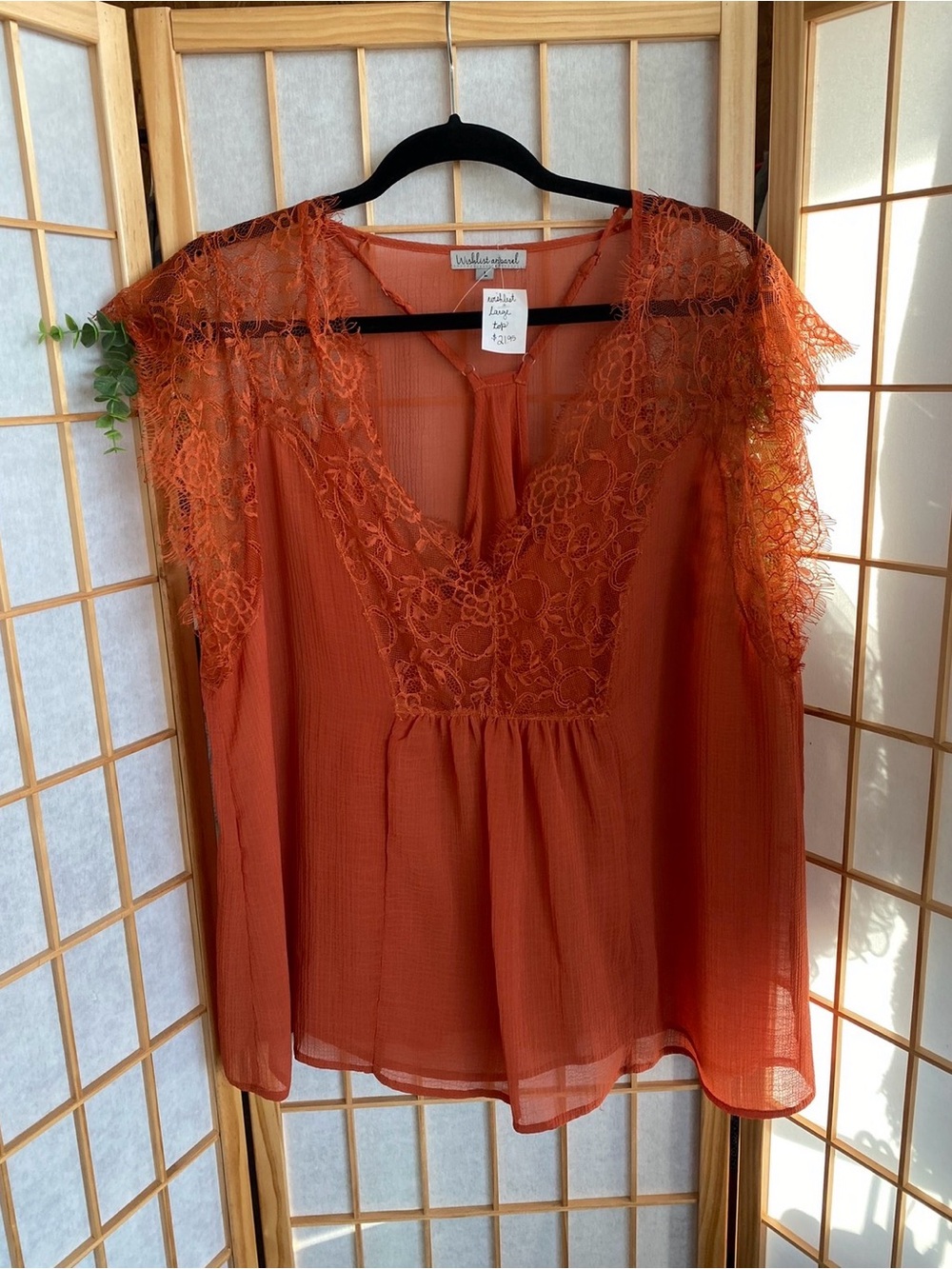 Lace-Trim V-Neck Blouse - Rust